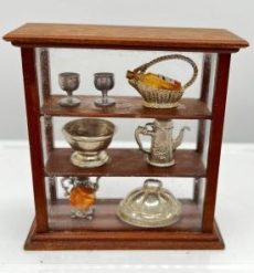 Pewter Items in Walnut Shelf Unit