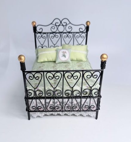 Black iron double bed with gold knob accents - Image 2