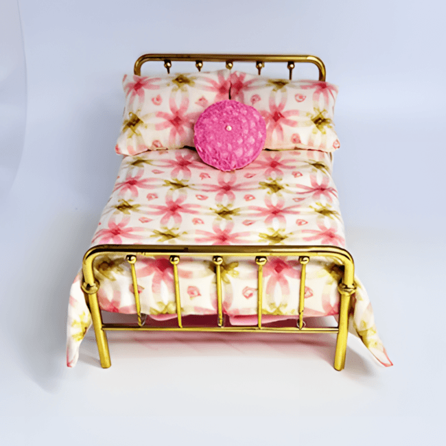 Gold Metal Bed with Pink Flowers - Image 2