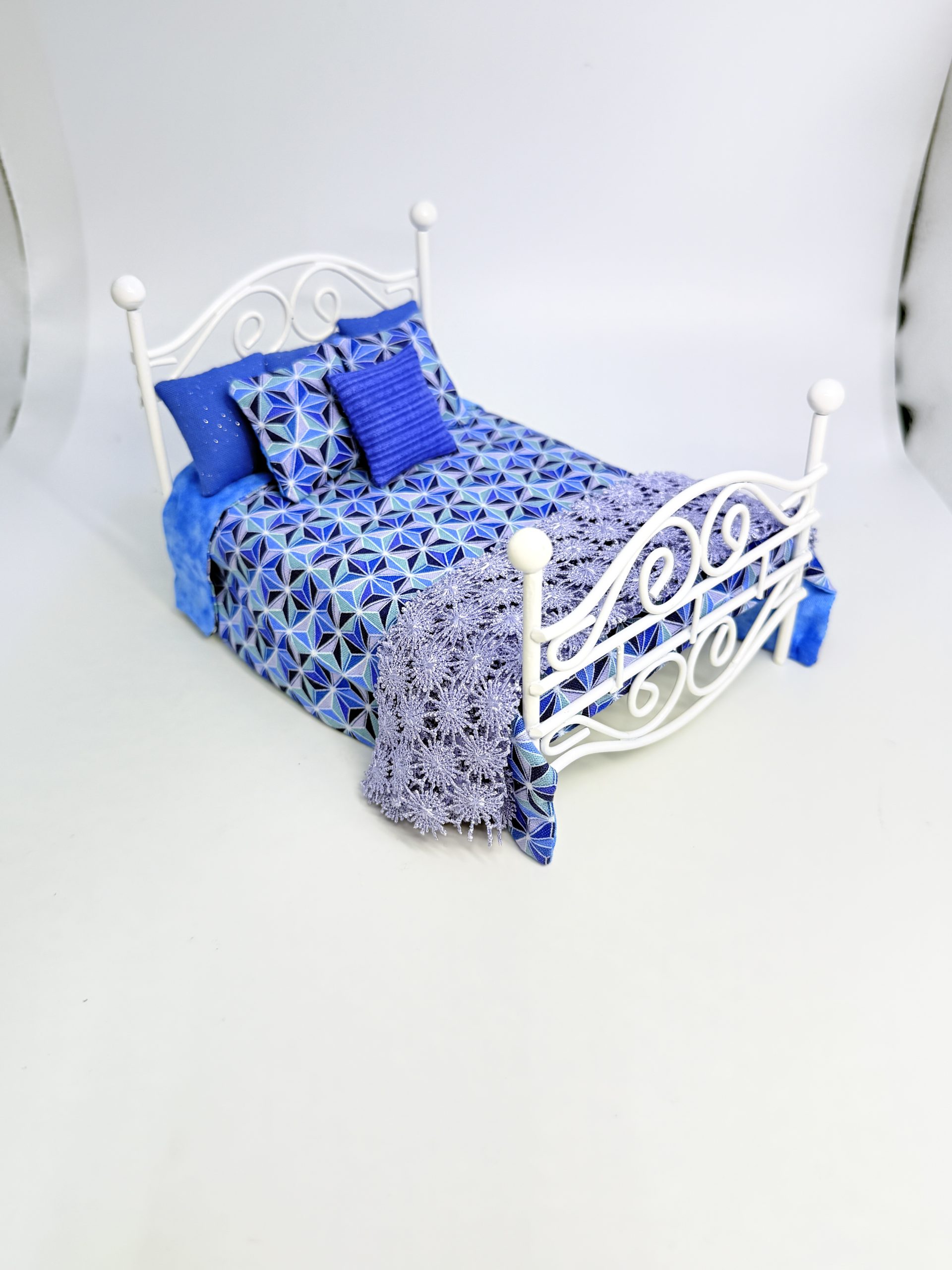 White Metal Bed with Geometric Cover